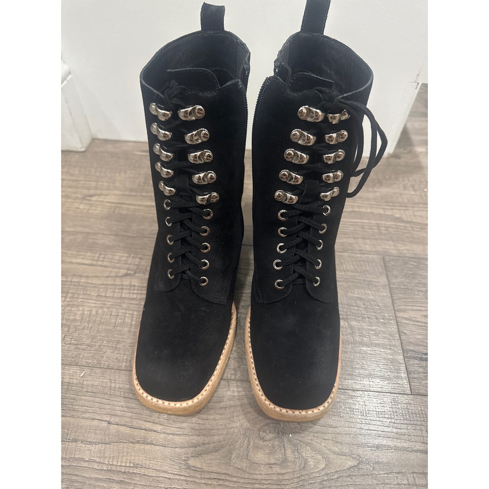 Jeffrey Campbell Free People Black Suede Lace Up Square Toe Block Heel Boots 7